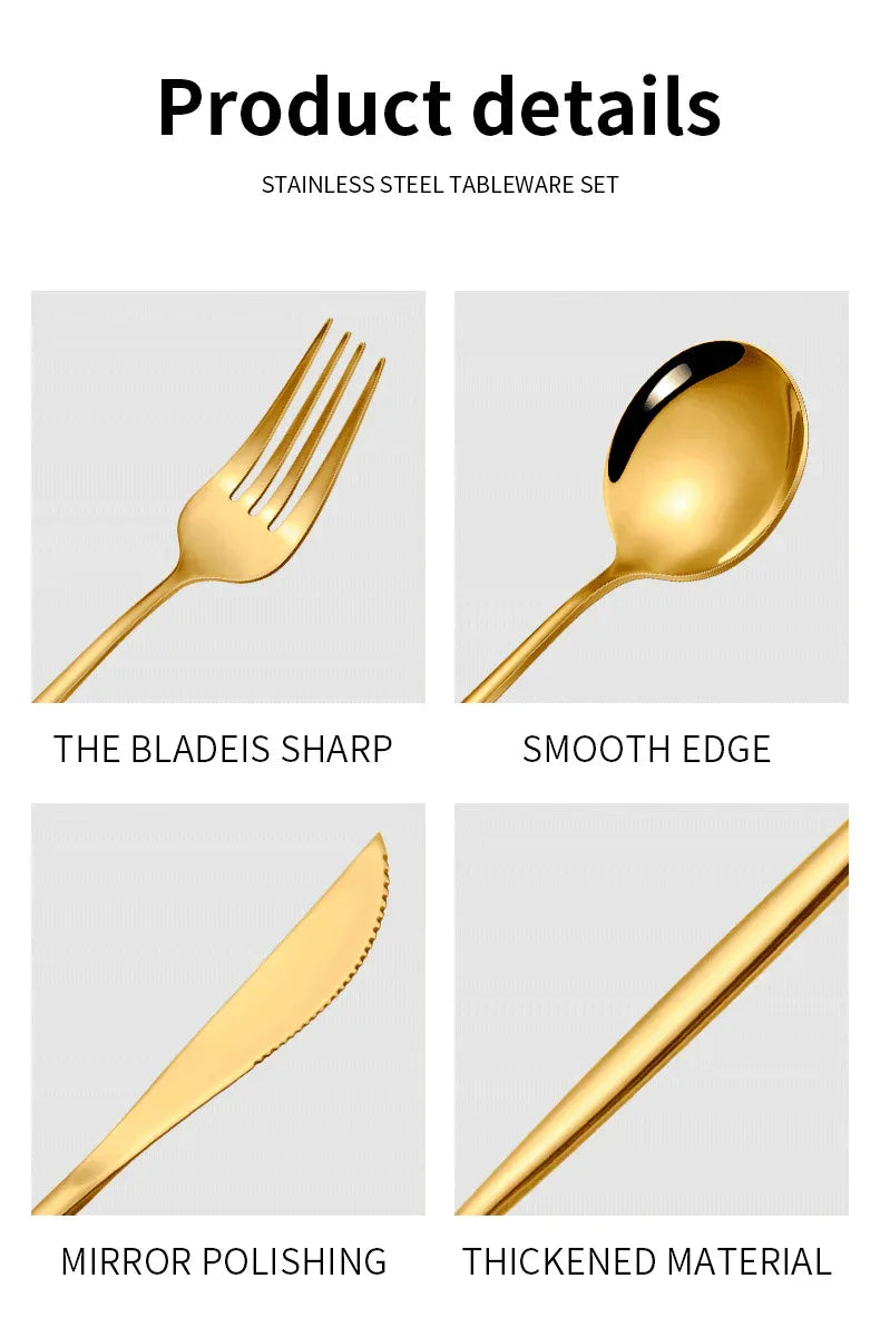Silver Color Premium 24-Piece Stainless Steel Cutlery Set – Elegant Golden Steak Knife, Fork, and Spoon Set in Luxury Gift Box - Mekamart Australia