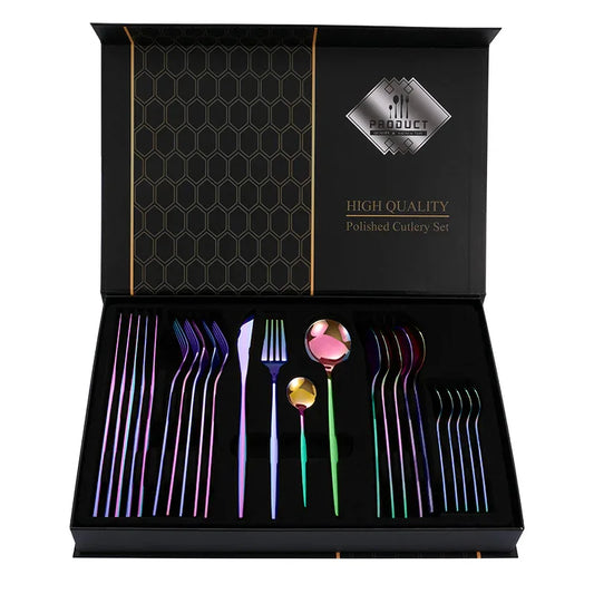 Colorful Color Premium 24-Piece Stainless Steel Cutlery Set - Elegant Golden Steak Knife, Fork, and Spoon Set in Luxury Gift Box - Mekamart Australia
