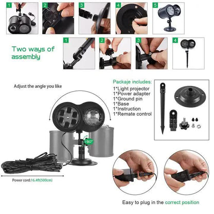 Ground Insert Outdoor Waterproof Lawn Dual-Tube Projection Light - LED Halloween & Christmas Dynamic Water Ripple Animation, Replaceable 12 Slides, Stake or Stand Mountable - Mekamart Australia