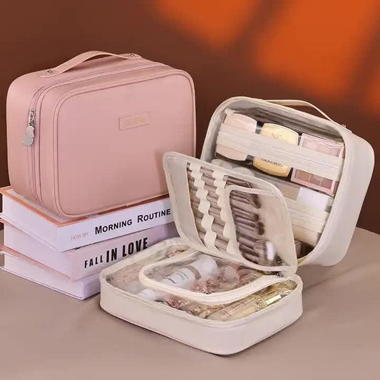 Pink 5-in-1 Multi-Function PU Makeup Organizer – Large Capacity Cosmetic Storage Bag with Dividers, Portable and Premium Quality - Mekamart Australia