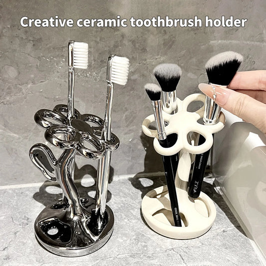 White Creative Ceramic Toothbrush Holder – Makeup Brush & Eyebrow Pencil Organizer for Bathroom, Stylish and Practical Toothbrush Stand - Mekamart Australia