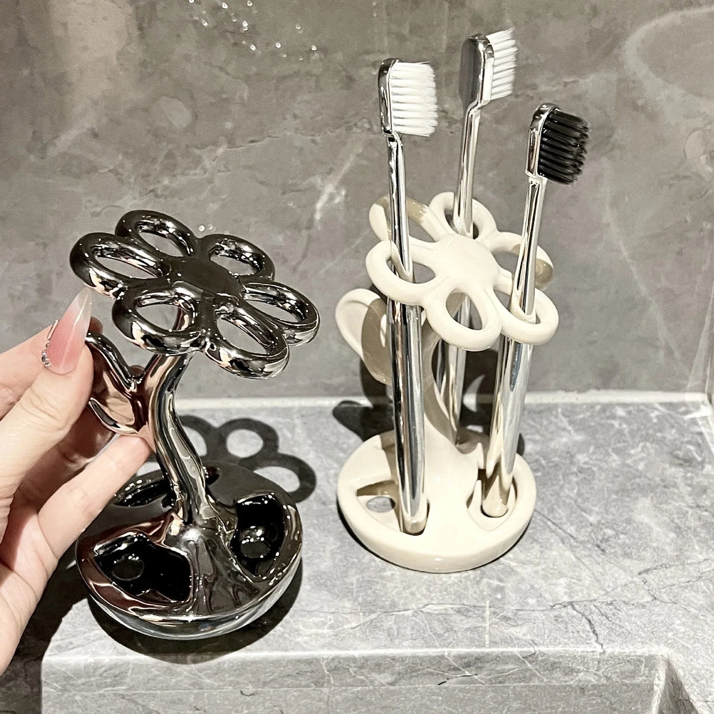 Silver Gray Creative Ceramic Toothbrush Holder - Makeup Brush & Eyebrow Pencil Organizer for Bathroom, Stylish and Practical Toothbrush Stand - Mekamart Australia