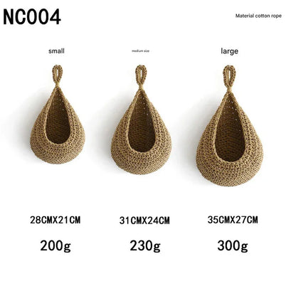 Khaki 3-Piece Wall-Mounted Cotton Rope Storage Baskets – Large, Medium, and Small Hand-Woven Fruit/Vegetable/Storage Nets (Large weight 300g, Medium weight 230g, Small weight 200g) - Mekamart Australia