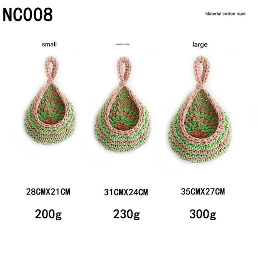 Green And Pink 3-Piece Wall-Mounted Cotton Rope Storage Baskets – Large, Medium, and Small Hand-Woven Fruit/Vegetable/Storage Nets (Large weight 300g, Medium weight 230g, Small weight 200g) - Mekamart Australia