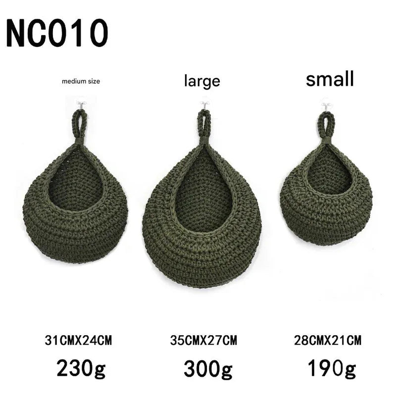 Green 3-Piece Wall-Mounted Cotton Rope Storage Baskets – Large, Medium, and Small Hand-Woven Fruit/Vegetable/Storage Nets (Large weight 300g, Medium weight 230g, Small weight 200g) - Mekamart Australia