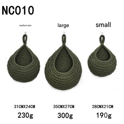 Green 3-Piece Wall-Mounted Cotton Rope Storage Baskets – Large, Medium, and Small Hand-Woven Fruit/Vegetable/Storage Nets (Large weight 300g, Medium weight 230g, Small weight 200g) - Mekamart Australia