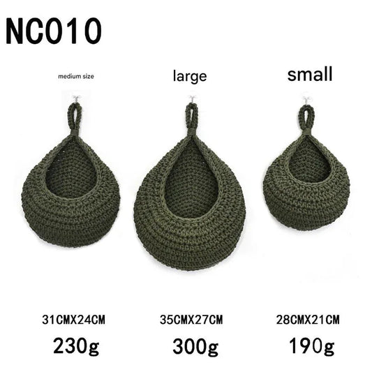 Green 3-Piece Wall-Mounted Cotton Rope Storage Baskets – Large, Medium, and Small Hand-Woven Fruit/Vegetable/Storage Nets (Large weight 300g, Medium weight 230g, Small weight 200g) - Mekamart Australia