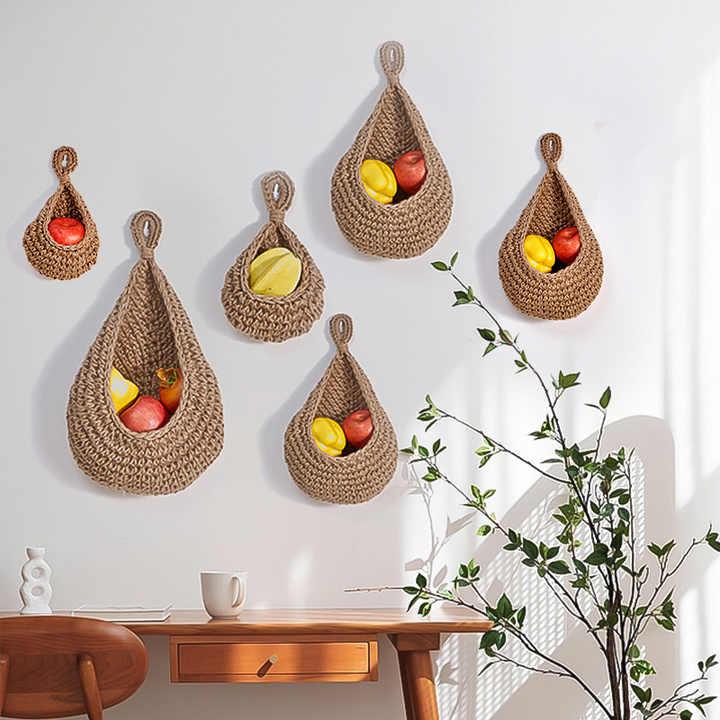Red 3-Piece Wall-Mounted Cotton Rope Storage Baskets – Large, Medium, and Small Hand-Woven Fruit/Vegetable/Storage Nets (Large weight 300g, Medium weight 230g, Small weight 200g) - Mekamart Australia