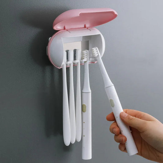 Cyan Wall-Mounted Toothbrush Sterilizer with UV-C Disinfection and Drying - USB Rechargeable, Family 5-Brush Holder, ABS Material - Mekamart Australia