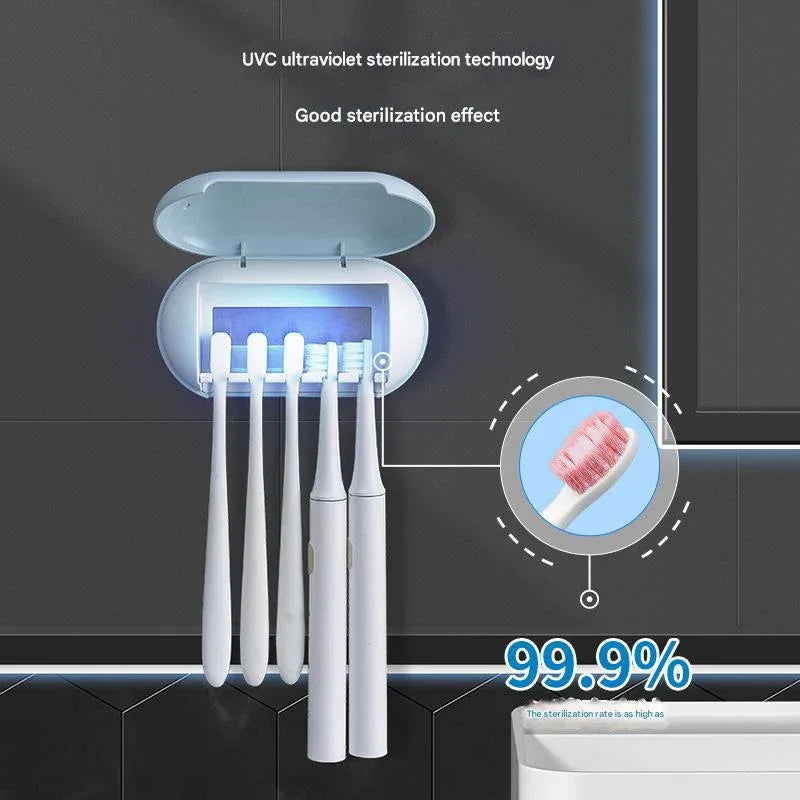 Cyan Wall-Mounted Toothbrush Sterilizer with UV-C Disinfection and Drying - USB Rechargeable, Family 5-Brush Holder, ABS Material - Mekamart Australia