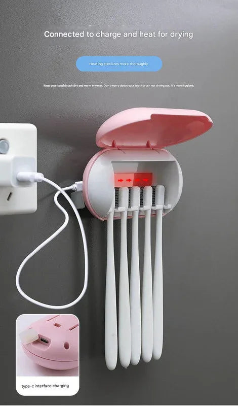 Cyan Wall-Mounted Toothbrush Sterilizer with UV-C Disinfection and Drying - USB Rechargeable, Family 5-Brush Holder, ABS Material - Mekamart Australia