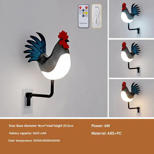 Grey USB Rechargeable Rooster Wall Lamp with Sound, Aromatherapy, and Decorative Design – Creative Nightlight for Bedroom and Corridor - Mekamart Australia