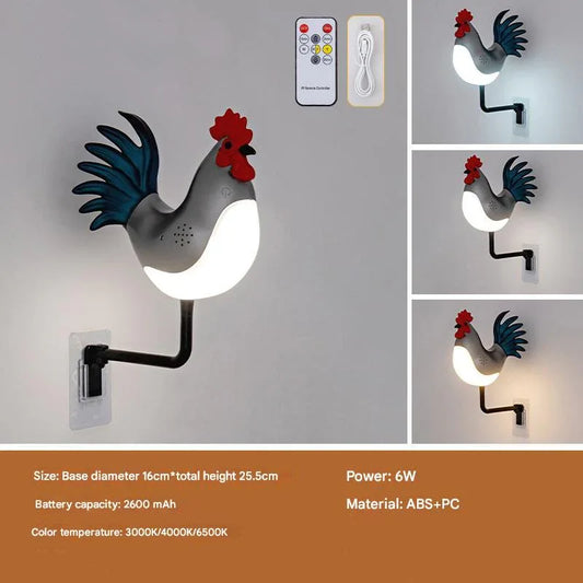 Silver USB Rechargeable Rooster Wall Lamp with Sound, Aromatherapy, and Decorative Design - Creative Nightlight for Bedroom and Corridor - Mekamart Australia
