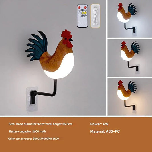 Brown USB Rechargeable Rooster Wall Lamp with Sound, Aromatherapy, and Decorative Design - Creative Nightlight for Bedroom and Corridor - Mekamart Australia