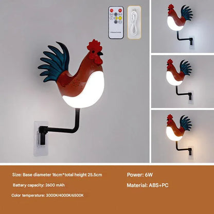 Red USB Rechargeable Rooster Wall Lamp with Sound, Aromatherapy, and Decorative Design - Creative Nightlight for Bedroom and Corridor - Mekamart Australia