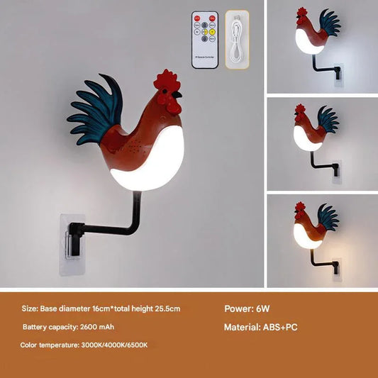 Red USB Rechargeable Rooster Wall Lamp with Sound, Aromatherapy, and Decorative Design - Creative Nightlight for Bedroom and Corridor - Mekamart Australia