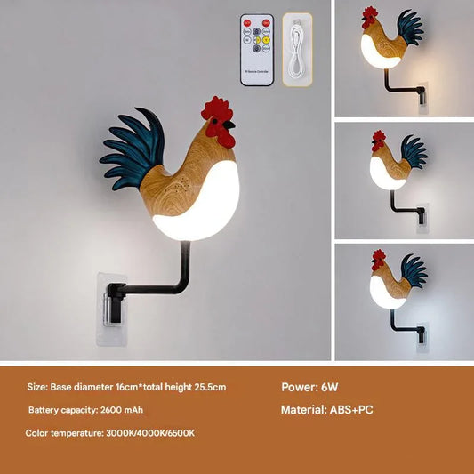 Yellow USB Rechargeable Rooster Wall Lamp with Sound, Aromatherapy, and Decorative Design - Creative Nightlight for Bedroom and Corridor - Mekamart Australia