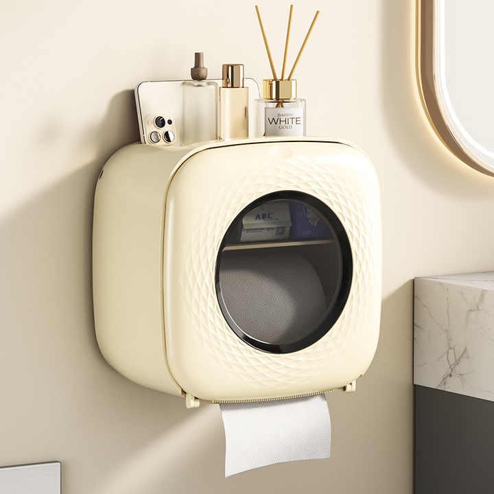 Light Yellow Wall-Mounted Bathroom Tissue Box - Waterproof Paper Towel Dispenser with Storage Shelf, No-Drill Design(Tissue box only) - Mekamart Australia