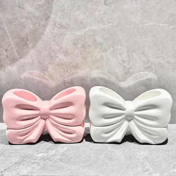 Pink Creative Ceramic Bowknot Toothbrush Holder - Elegant Bathroom Storage for Electric Toothbrush and Toothpaste - Mekamart Australia