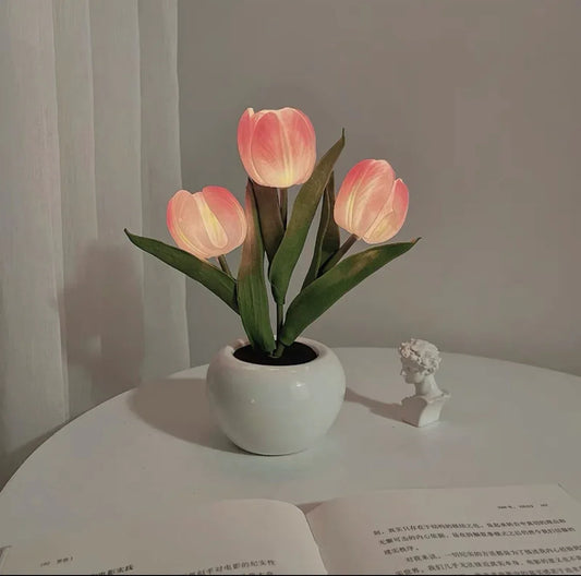 Pink Flowers USB Tulip Night Light - Bedroom Decor Table Lamp with PU Flowers & Ceramic Pot, Perfect Gift for Family & Friends - Mekamart Australia