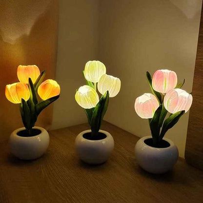 Pink Flowers USB Tulip Night Light - Bedroom Decor Table Lamp with PU Flowers & Ceramic Pot, Perfect Gift for Family & Friends - Mekamart Australia