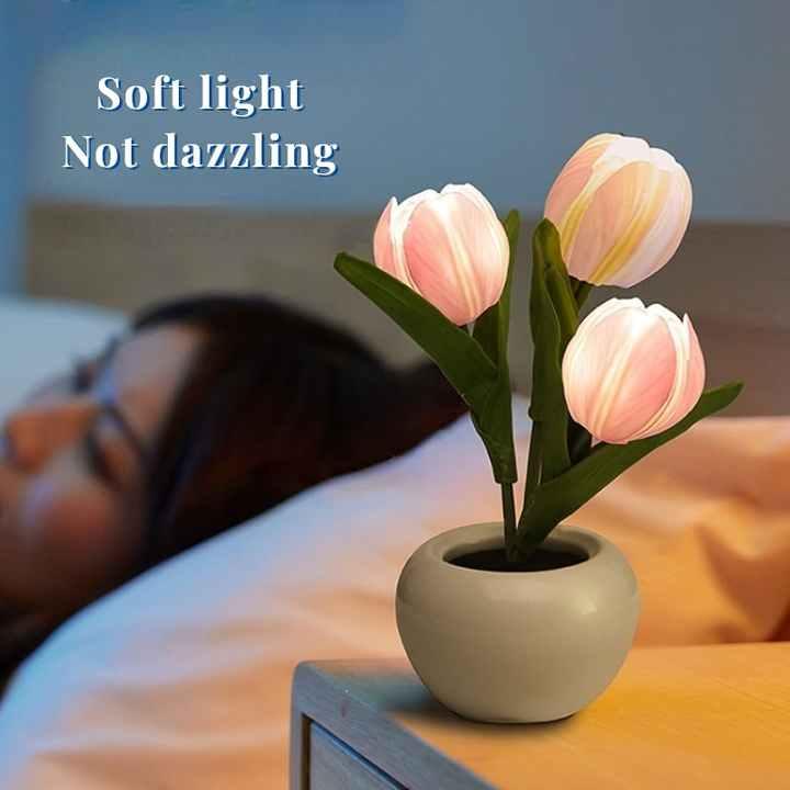Pink Flowers USB Tulip Night Light - Bedroom Decor Table Lamp with PU Flowers & Ceramic Pot, Perfect Gift for Family & Friends - Mekamart Australia