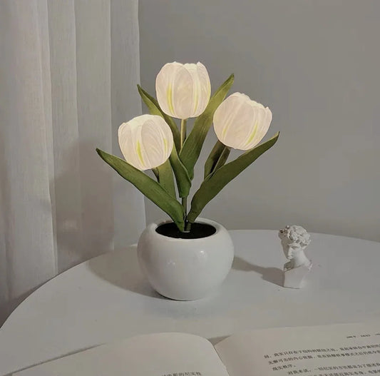 White Flowers USB Tulip Night Light - Bedroom Decor Table Lamp with PU Flowers & Ceramic Pot, Perfect Gift for Family & Friends - Mekamart Australia
