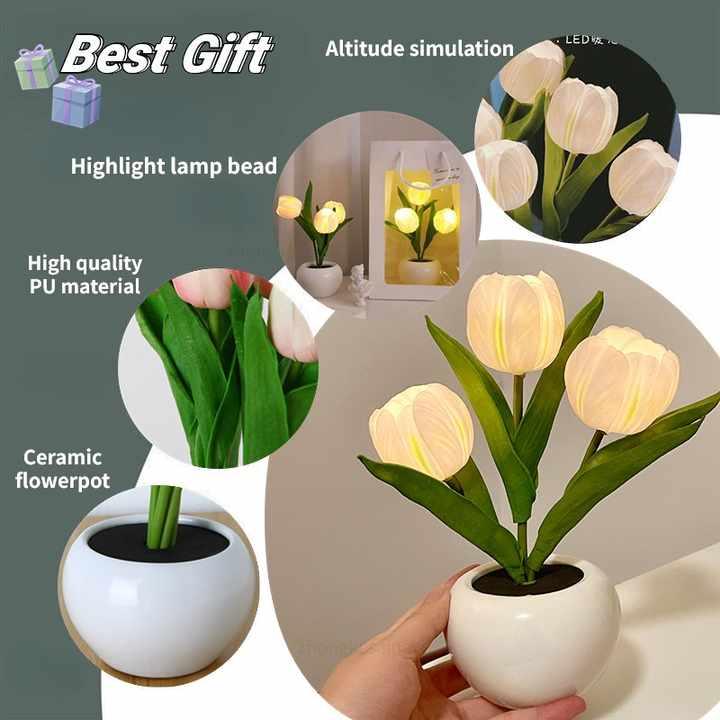 White Flowers USB Tulip Night Light - Bedroom Decor Table Lamp with PU Flowers & Ceramic Pot, Perfect Gift for Family & Friends - Mekamart Australia