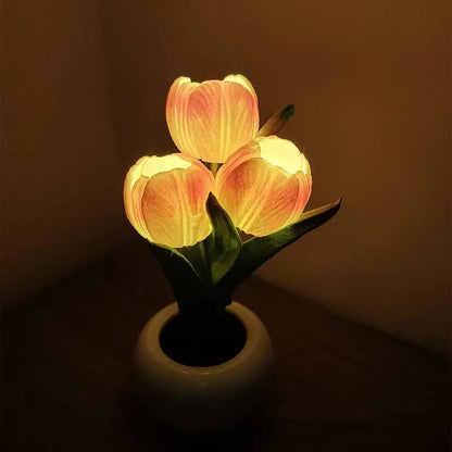 Orange Flowers USB Tulip Night Light - Bedroom Decor Table Lamp with PU Flowers & Ceramic Pot, Perfect Gift for Family & Friends - Mekamart Australia