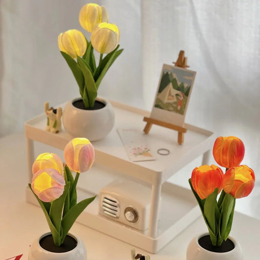 Orange Flowers USB Tulip Night Light - Bedroom Decor Table Lamp with PU Flowers & Ceramic Pot, Perfect Gift for Family & Friends - Mekamart Australia