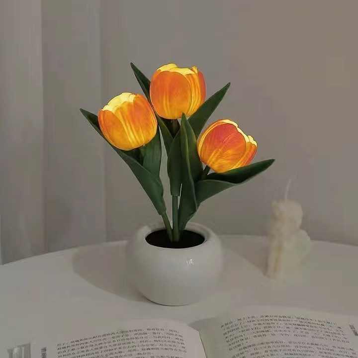 Orange Flowers USB Tulip Night Light - Bedroom Decor Table Lamp with PU Flowers & Ceramic Pot, Perfect Gift for Family & Friends - Mekamart Australia