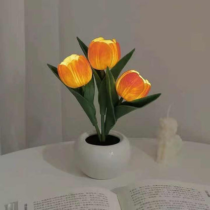 Orange Flowers USB Tulip Night Light - Bedroom Decor Table Lamp with PU Flowers & Ceramic Pot, Perfect Gift for Family & Friends - Mekamart Australia