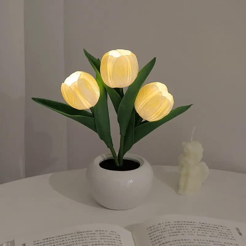 Yellow Flowers USB Tulip Night Light - Bedroom Decor Table Lamp with PU Flowers & Ceramic Pot, Perfect Gift for Family & Friends - Mekamart Australia