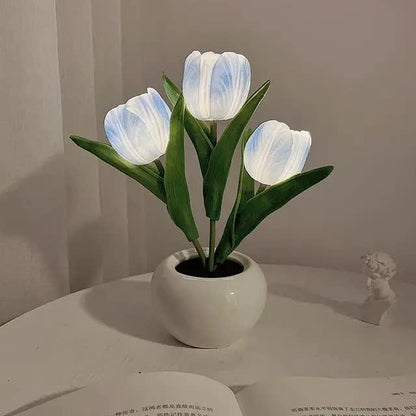 Blue Flowers USB Tulip Night Light - Bedroom Decor Table Lamp with PU Flowers & Ceramic Pot, Perfect Gift for Family & Friends - Mekamart Australia