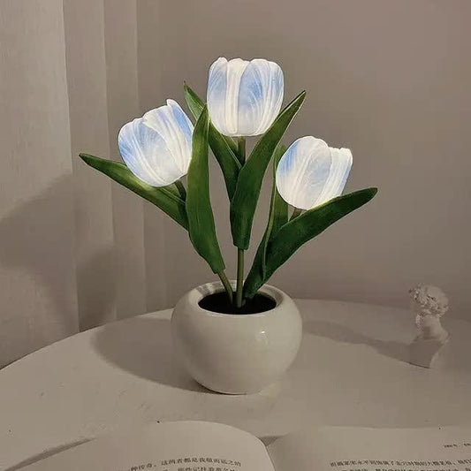 Blue Flowers USB Tulip Night Light - Bedroom Decor Table Lamp with PU Flowers & Ceramic Pot, Perfect Gift for Family & Friends - Mekamart Australia