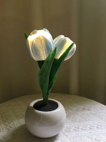 Blue Flowers USB Tulip Night Light - Bedroom Decor Table Lamp with PU Flowers & Ceramic Pot, Perfect Gift for Family & Friends - Mekamart Australia