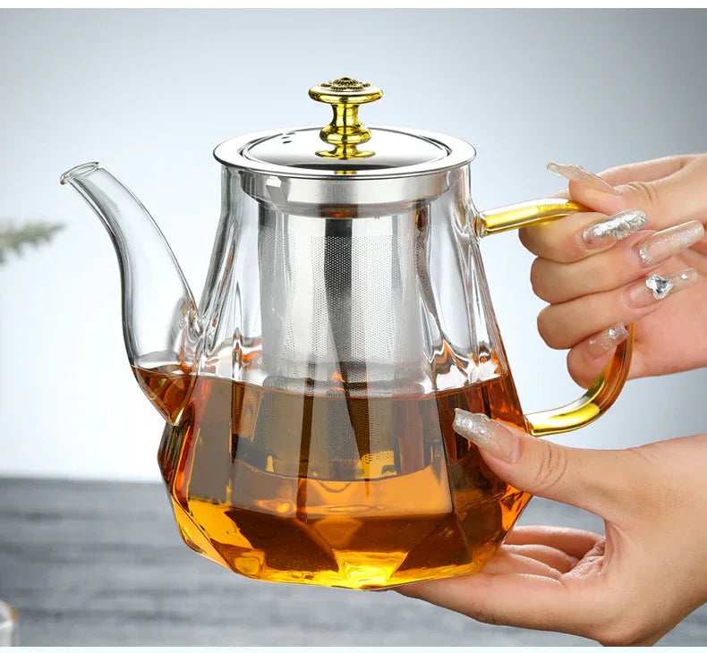 Elegant Glass Teapot with Gold Handle and Stainless Steel Infuser - 1000ml Capacity - Mekamart Australia
