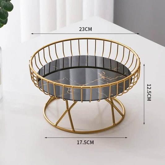 Elegant Iron Art Glass Serving Tray(Black Glass) - Round Design with Gold Finish - Mekamart Australia