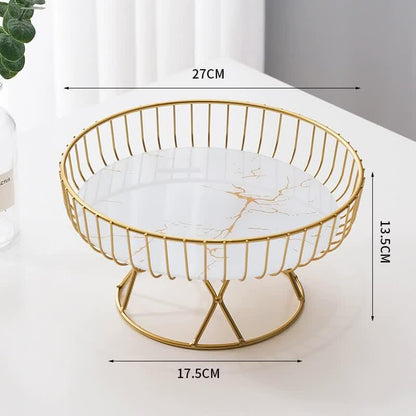 Elegant Iron Art Glass Serving Tray(White Glass) - Round Design with Gold Finish 27*13.5*17.5cm - Mekamart Australia