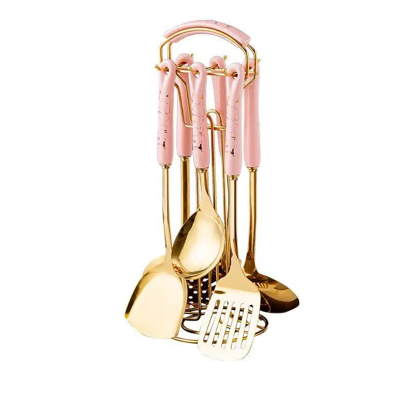 Pink Gold Stainless Steel Kitchen Utensil Set - 7-Piece Golden Cooking Tools with Stand - Mekamart Australia