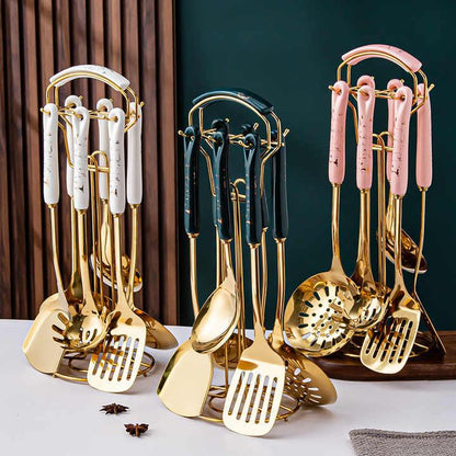 Pink Gold Stainless Steel Kitchen Utensil Set - 7-Piece Golden Cooking Tools with Stand - Mekamart Australia