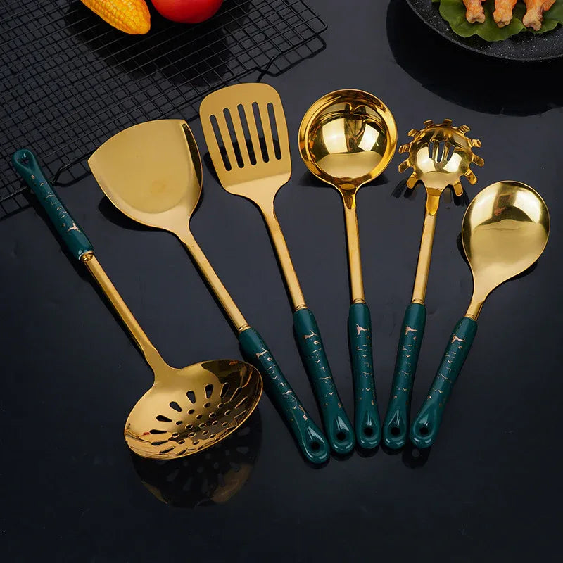 Pink Gold Stainless Steel Kitchen Utensil Set - 7-Piece Golden Cooking Tools with Stand - Mekamart Australia