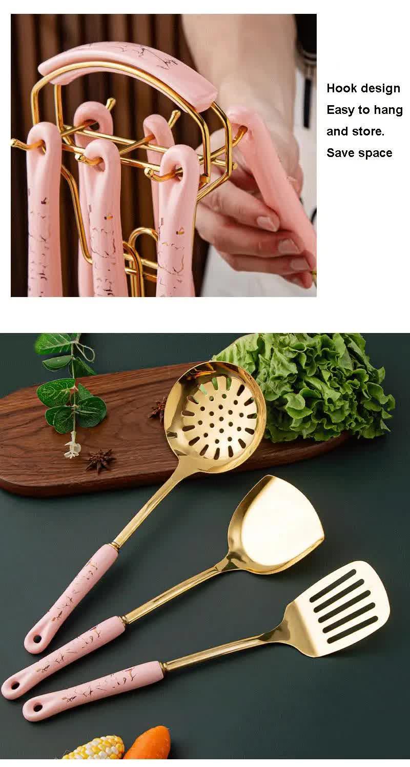 Pink Gold Stainless Steel Kitchen Utensil Set - 7-Piece Golden Cooking Tools with Stand - Mekamart Australia
