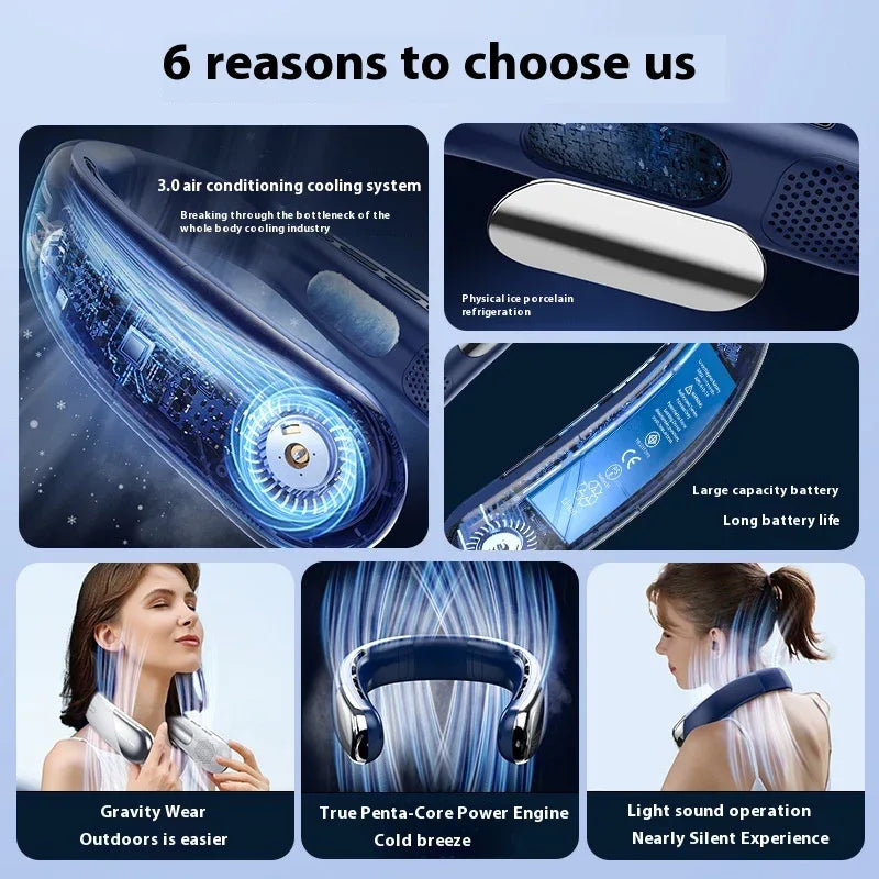 Digital Display Neck Fan - Rechargeable Portable Wearable Fan with Adjustable Speed- White 2400mAh - Mekamart Australia