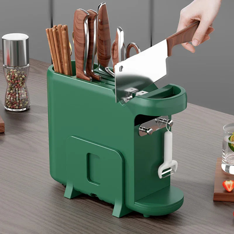 White Multifunctional Kitchen Knife Rack - Storage Organizer with Built-in Knife Sharpener, for Knives, Chopsticks, Cutting Boards, and Pot Lids - Mekamart Australia