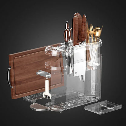 White Multifunctional Kitchen Knife Rack - Storage Organizer with Built-in Knife Sharpener, for Knives, Chopsticks, Cutting Boards, and Pot Lids - Mekamart Australia