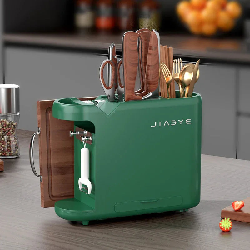 Green Multifunctional Kitchen Knife Rack - Storage Organizer with Built-in Knife Sharpener, for Knives, Chopsticks, Cutting Boards, and Pot Lids - Mekamart Australia