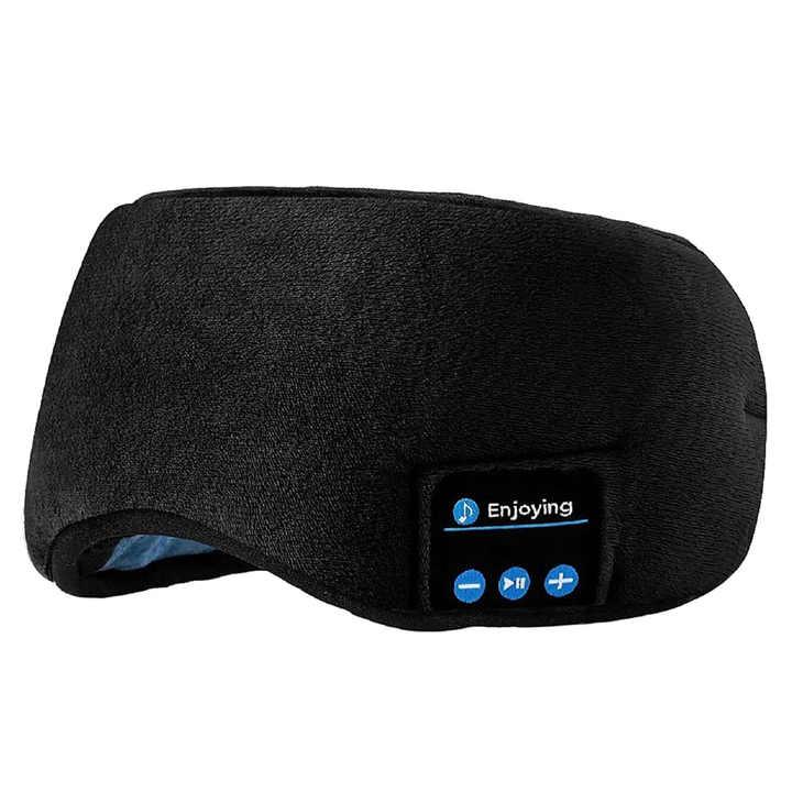 Black Bluetooth 5.0 Wireless Sleep Eye Mask - Soft Plush Eye Cover with Built-in Speakers (13 x 16.5 x 6 cm) - Mekamart Australia