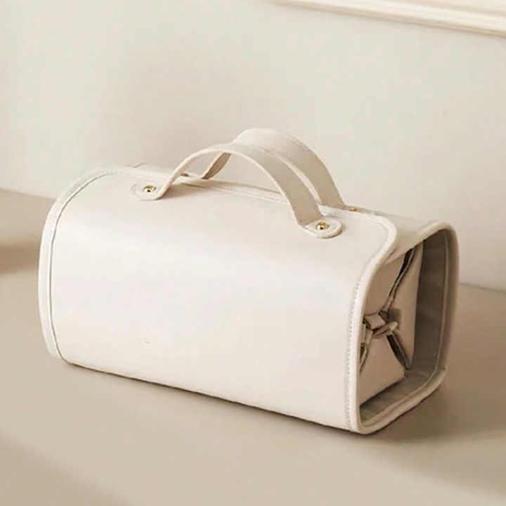 Beige Elegant Cosmetic Bag with Handle - Stylish and Compact for Travel and Storage - Mekamart Australia