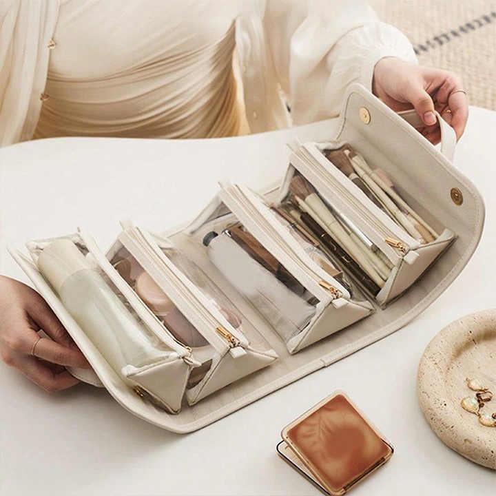 Beige Elegant Cosmetic Bag with Handle - Stylish and Compact for Travel and Storage - Mekamart Australia
